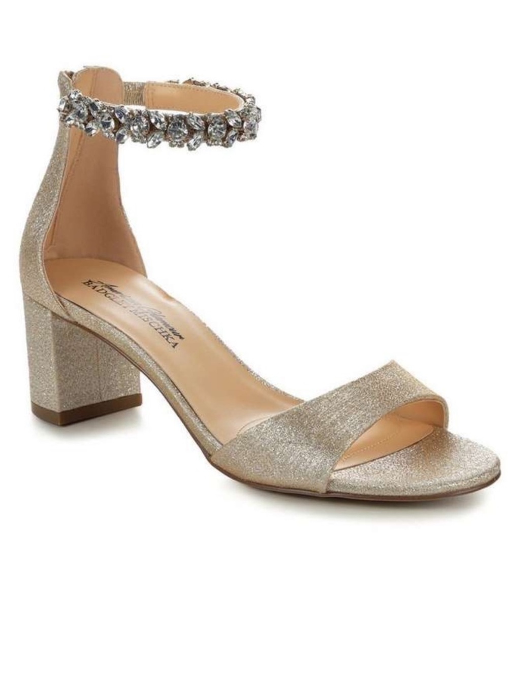 Badgley Mischka Gold Glitter Jeweled Ankle-Strap Block Heel Open Toe Shoes